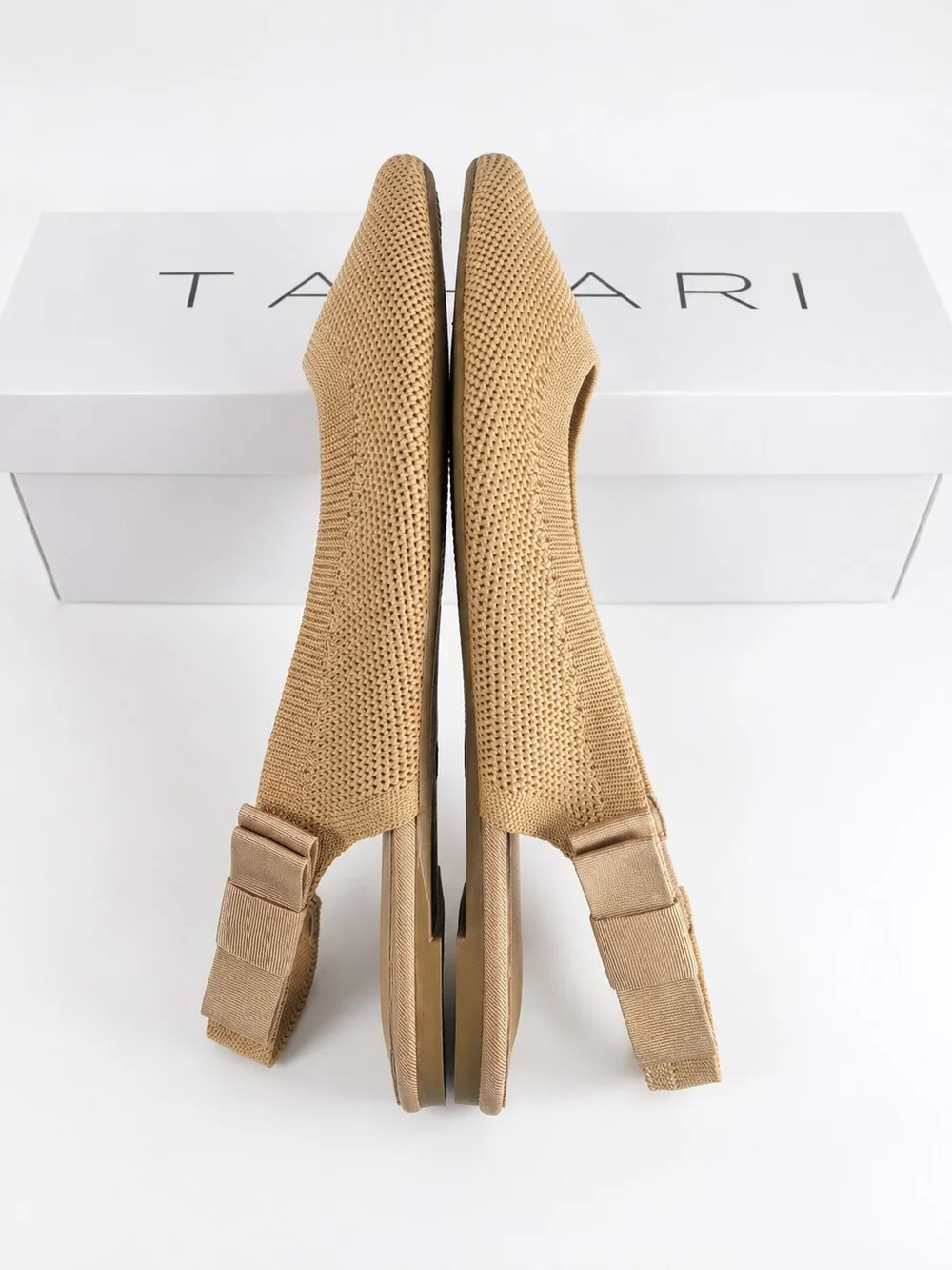 Tahari Singapore Tan Beige Knit Bow Slingback Flats Size 6 NIB/ 7 NWOB
